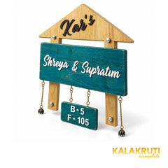 Natural Wood and Teal House Nameplate — Kar’s / Shreya & Supratim — right angle (KKWN0022_A)
