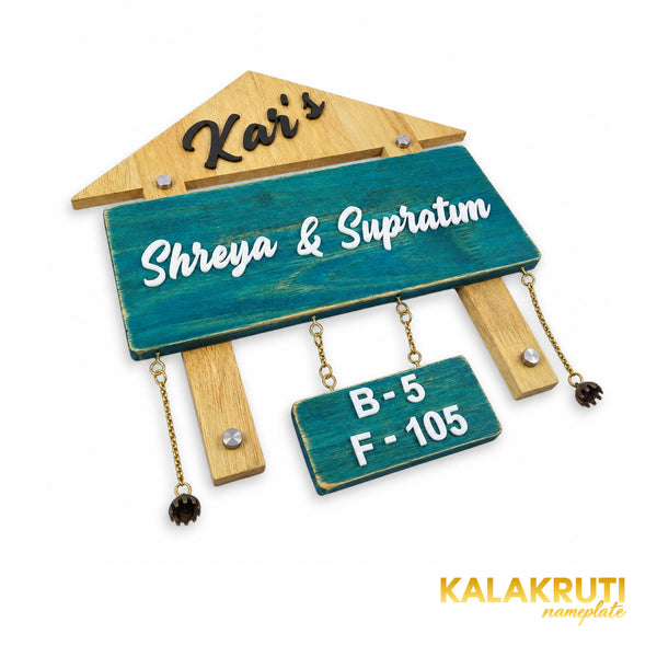 Natural Wood and Teal House Nameplate — Kar’s / Shreya & Supratim — extra depth (KKWN0022_A)