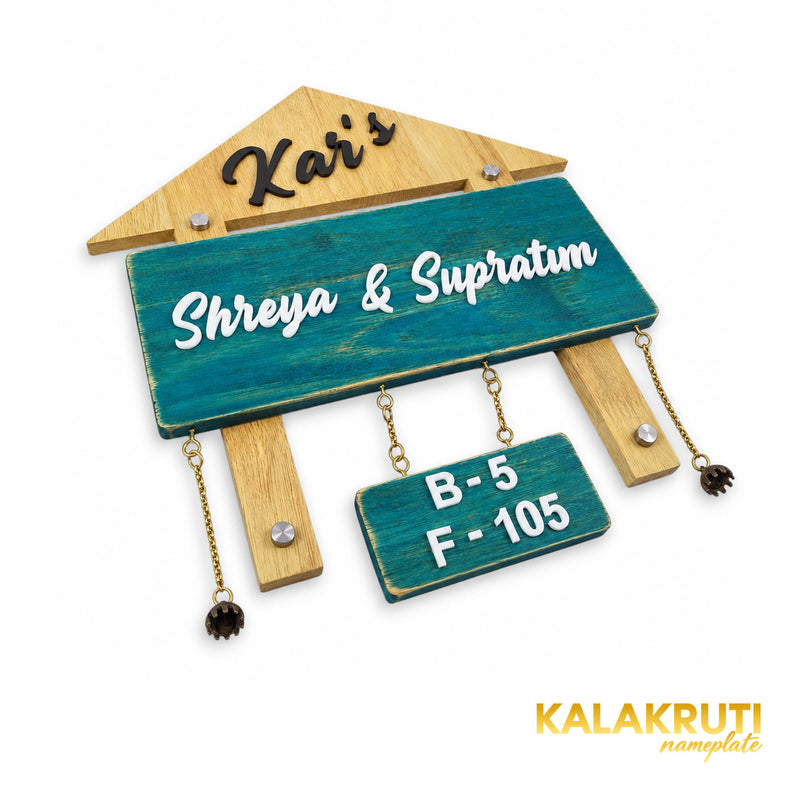 Natural Wood and Teal House Nameplate — Kar’s / Shreya & Supratim — extra depth (KKWN0022_A)