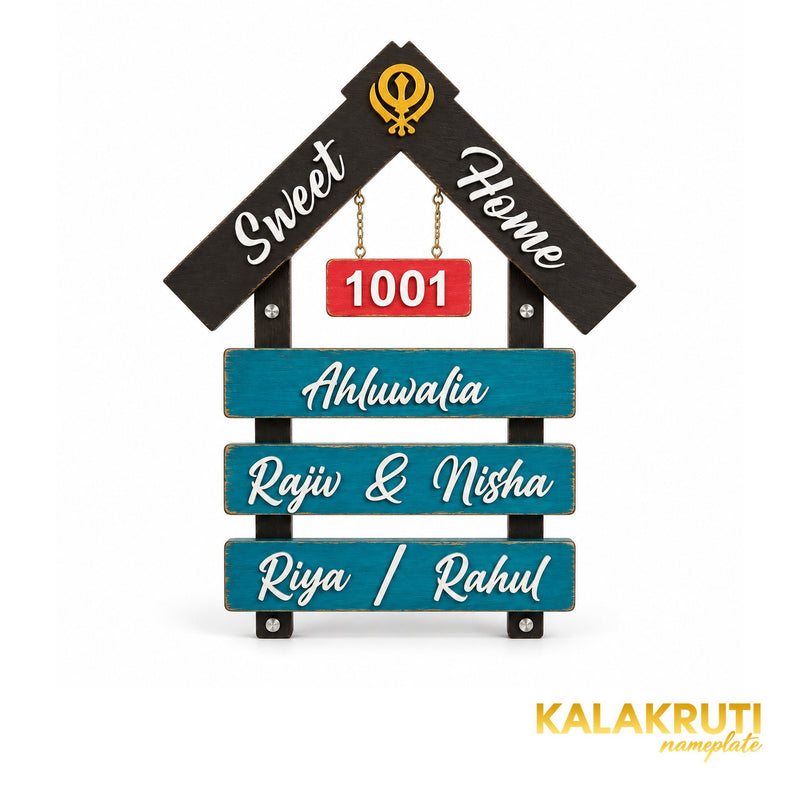 Black and Teal House Shape Wooden Nameplate | Ahluwalia — front (KKWN0023)
