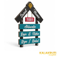 Black and Teal House Shape Wooden Nameplate | Ahluwalia — left (KKWN0023)