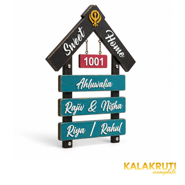 Black and Teal House Shape Wooden Nameplate | Ahluwalia — left (KKWN0023)