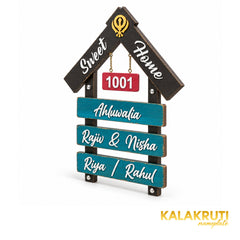 Black and Teal House Shape Wooden Nameplate | Ahluwalia — right (KKWN0023)
