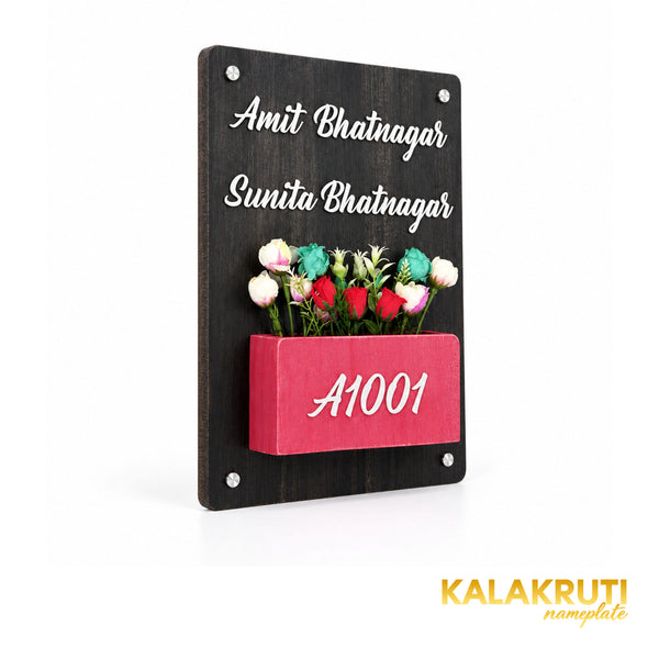 Black Wooden Planter Nameplate | Bhatnagar — left (KKWN0025)