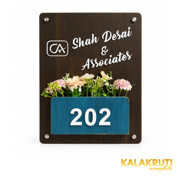 Dark Wood Office Planter Nameplate | Shah Desai & Associates — front (KKWN0025_A)