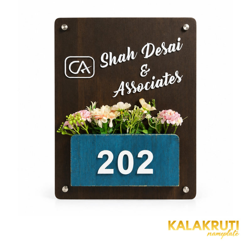 Dark Wood Office Planter Nameplate | Shah Desai & Associates — front (KKWN0025_A)