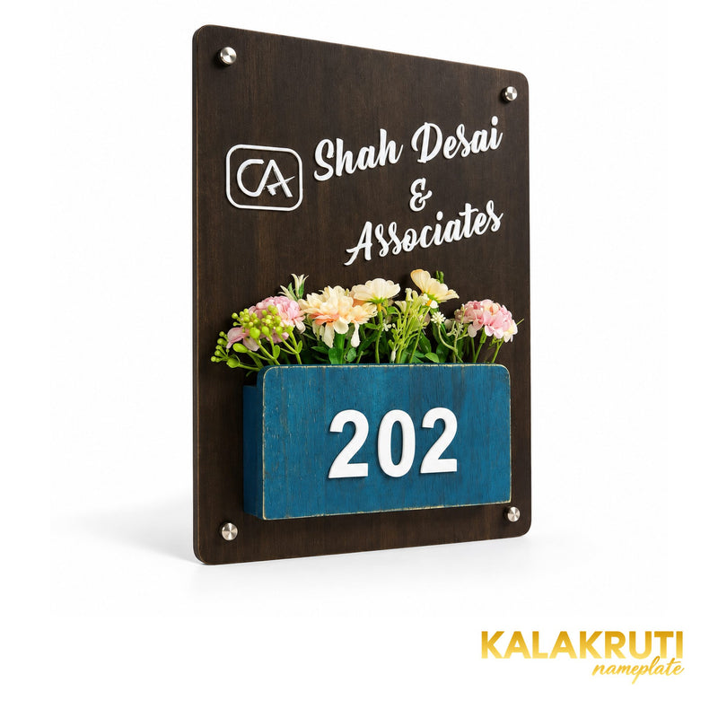 Dark Wood Office Planter Nameplate | Shah Desai & Associates — left (KKWN0025_A)