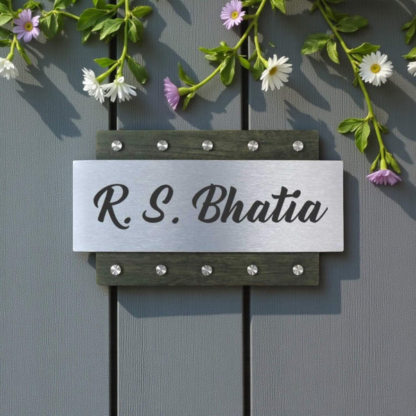 Silver and Wood Nameplate | R. S. Bhatia — installed hero (KKWN0026)