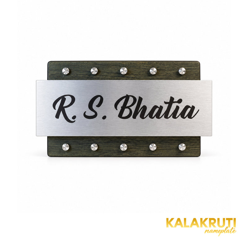 Silver and Wood Nameplate | R. S. Bhatia — front (KKWN0026)
