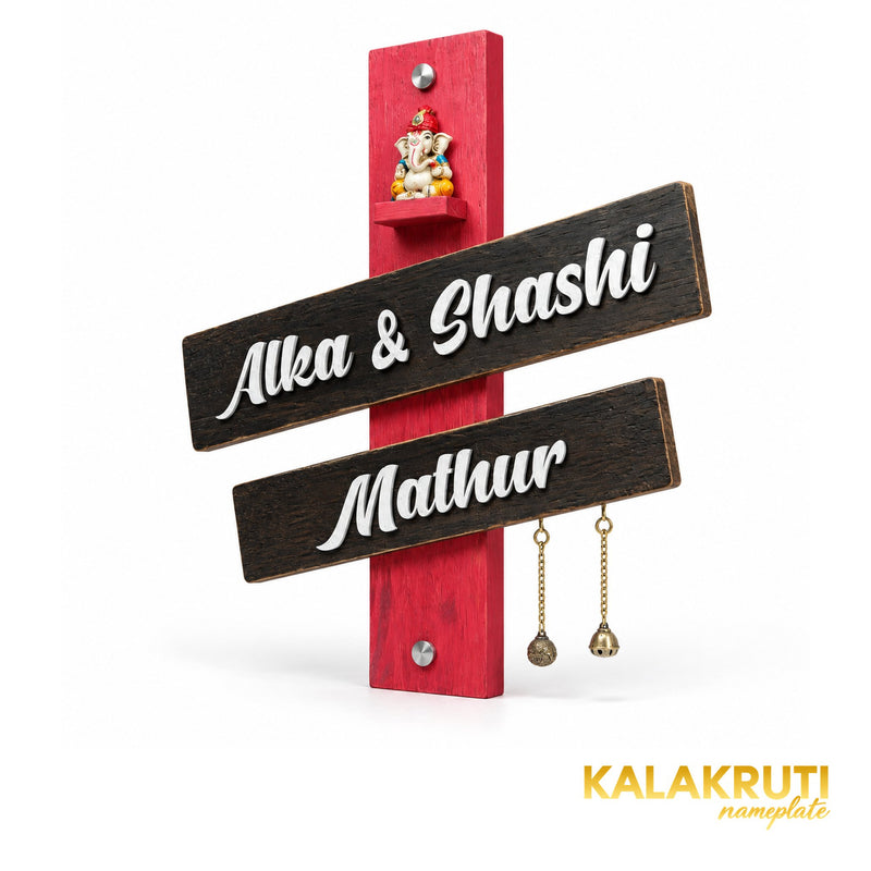 Red and Black Slanted Wooden Nameplate | Mathur — right (KKWN0028)