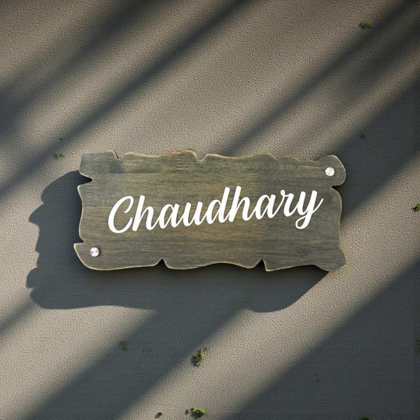 Rustic Scalloped Wooden Nameplate | Chaudhary — installed hero (KKWN0029)