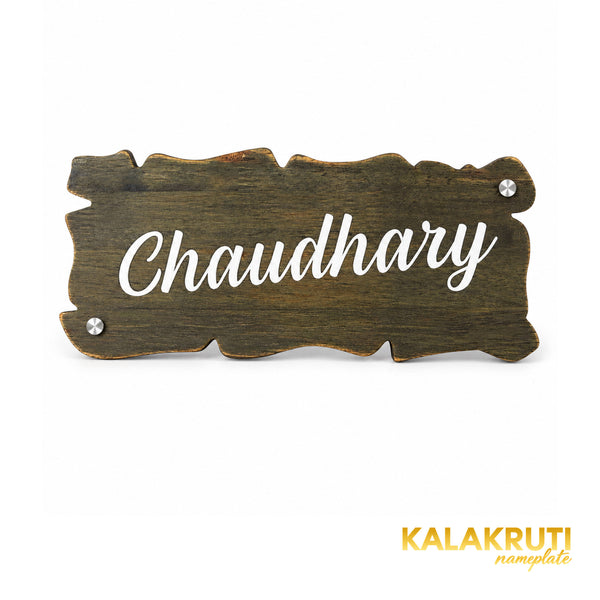 Rustic Scalloped Wooden Nameplate | Chaudhary — front (KKWN0029)