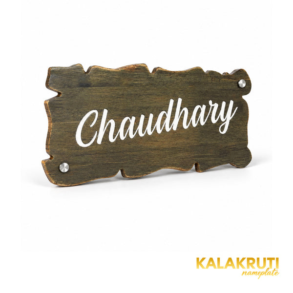 Rustic Scalloped Wooden Nameplate | Chaudhary — left (KKWN0029)