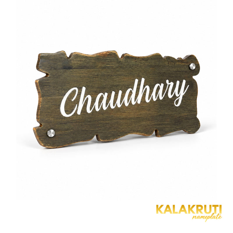 Rustic Scalloped Wooden Nameplate | Chaudhary — left (KKWN0029)