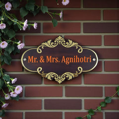 Gold Scroll Wooden Nameplate | Mr. & Mrs. Agnihotri — installed hero (KKWN0031)