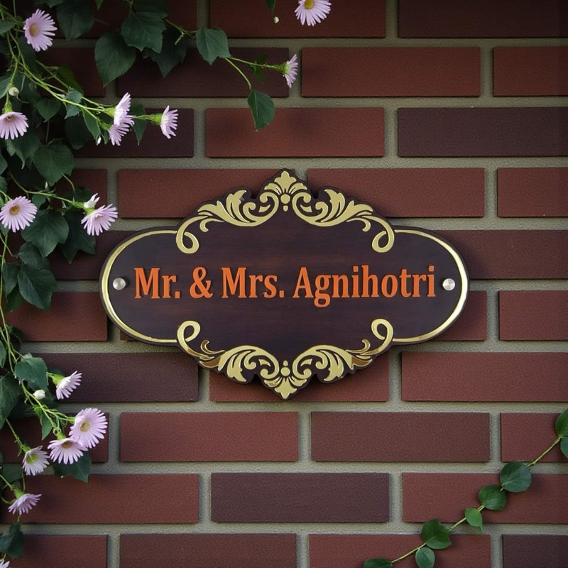 Gold Scroll Wooden Nameplate | Mr. & Mrs. Agnihotri — installed hero (KKWN0031)