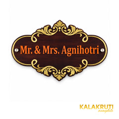 Gold Scroll Wooden Nameplate | Mr. & Mrs. Agnihotri — front (KKWN0031)