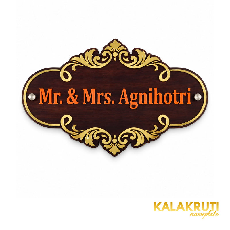 Gold Scroll Wooden Nameplate | Mr. & Mrs. Agnihotri — front (KKWN0031)