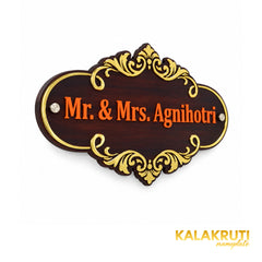 Gold Scroll Wooden Nameplate | Mr. & Mrs. Agnihotri — left (KKWN0031)