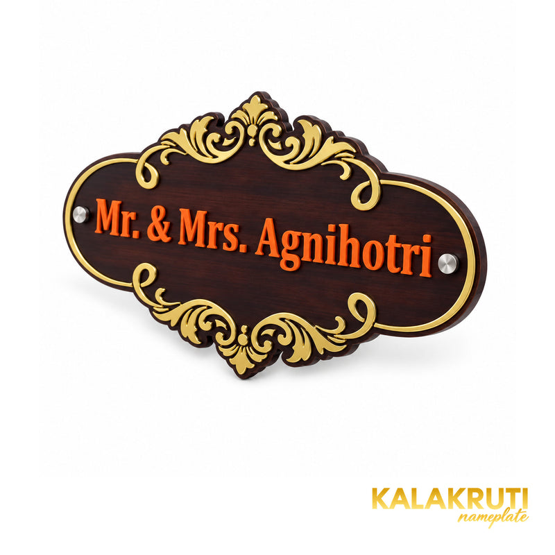 Gold Scroll Wooden Nameplate | Mr. & Mrs. Agnihotri — right (KKWN0031)