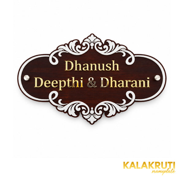 White Scroll Wooden Nameplate | Dhanush, Deepthi & Dharani — front (KKWN0031_A)
