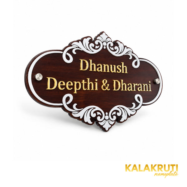 White Scroll Wooden Nameplate | Dhanush, Deepthi & Dharani — left (KKWN0031_A)