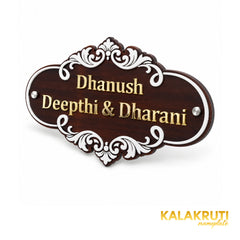 White Scroll Wooden Nameplate | Dhanush, Deepthi & Dharani — right (KKWN0031_A)