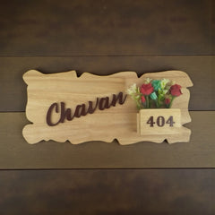 Natural Wood Planter Nameplate | Chavan 404 — installed hero (KKWN0034)