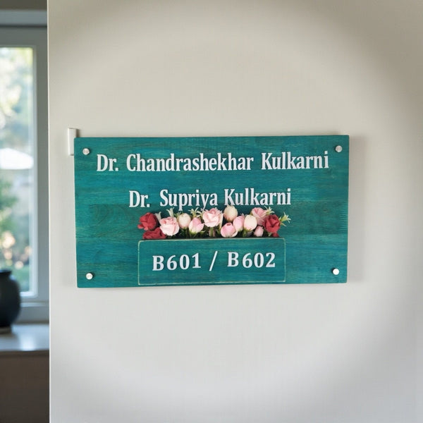 Teal Wooden Planter Nameplate | Dr. Kulkarni — installed hero (KKWN0035)