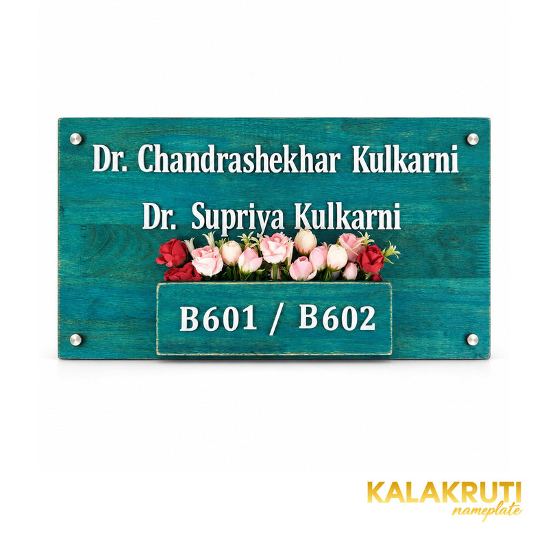Teal Wooden Planter Nameplate | Dr. Kulkarni — front (KKWN0035)