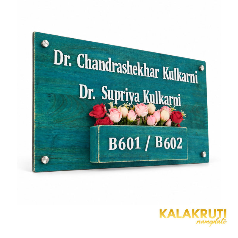 Teal Wooden Planter Nameplate | Dr. Kulkarni — left (KKWN0035)