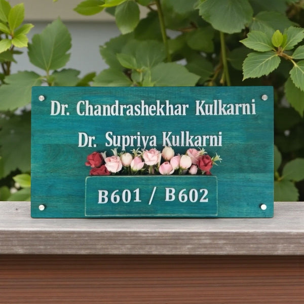 Teal Wooden Planter Nameplate | Dr. Kulkarni — extra outdoor (KKWN0035)