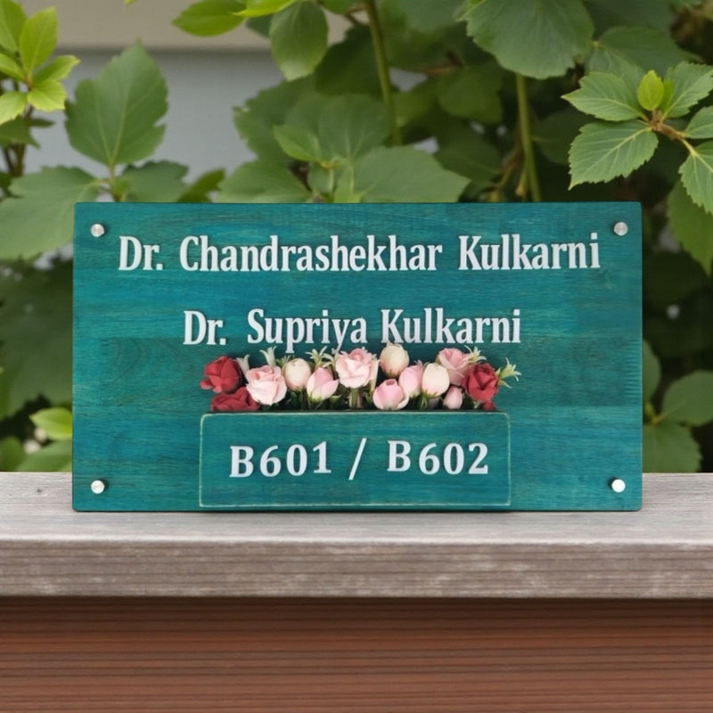 Teal Wooden Planter Nameplate | Dr. Kulkarni — extra outdoor (KKWN0035)