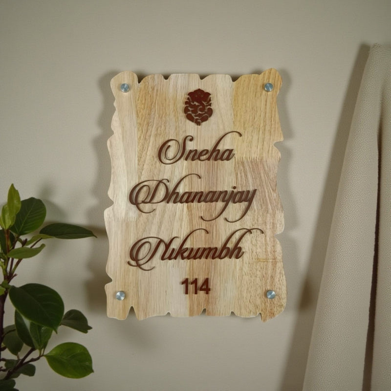 Natural Wood Ganesha Nameplate | Sneha & Dhananjay Nikumbh — installed hero (KKWN0038)