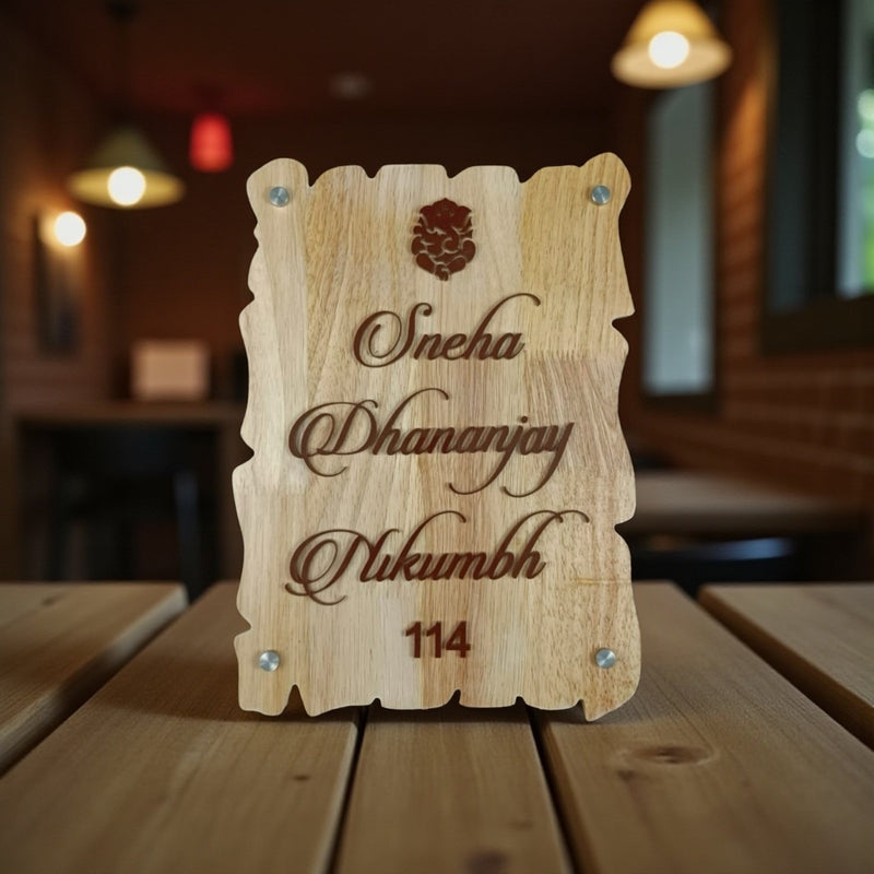 Natural Wood Ganesha Nameplate | Sneha & Dhananjay Nikumbh — extra table (KKWN0038)