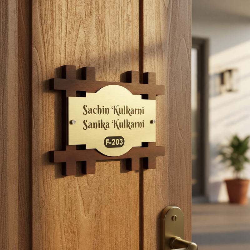 Brushed Gold and Wood Nameplate | Sachin & Sanika Kulkarni — installed hero (KKWN0039)