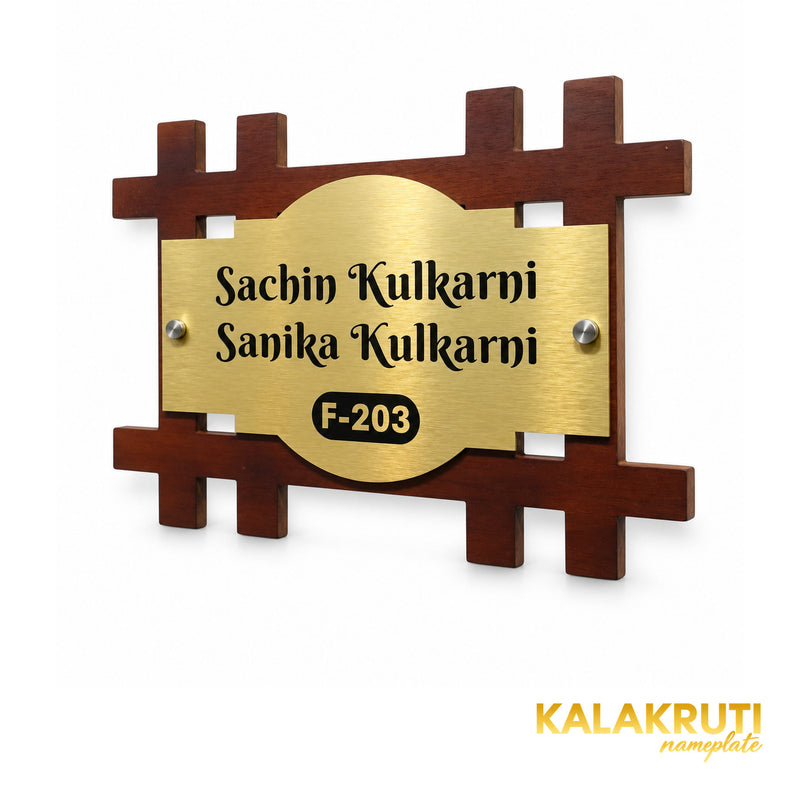 Brushed Gold and Wood Nameplate | Sachin & Sanika Kulkarni — right (KKWN0039)