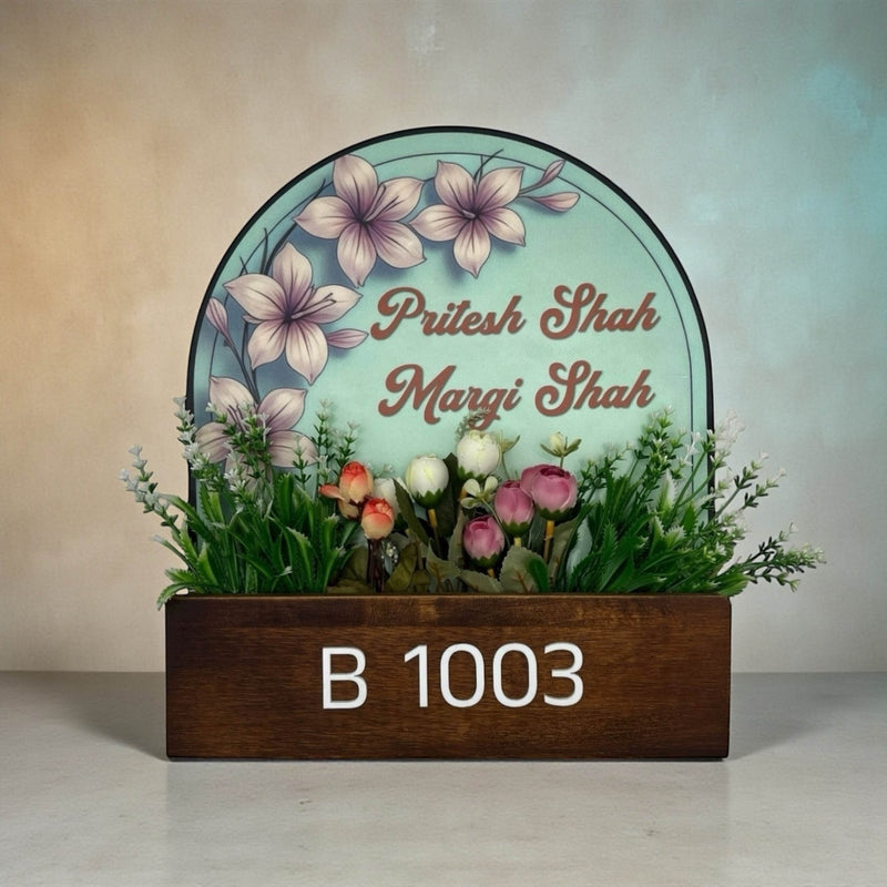 Mint Floral Wooden Planter Nameplate | Pritesh & Margi Shah — table hero (KKWN0042)