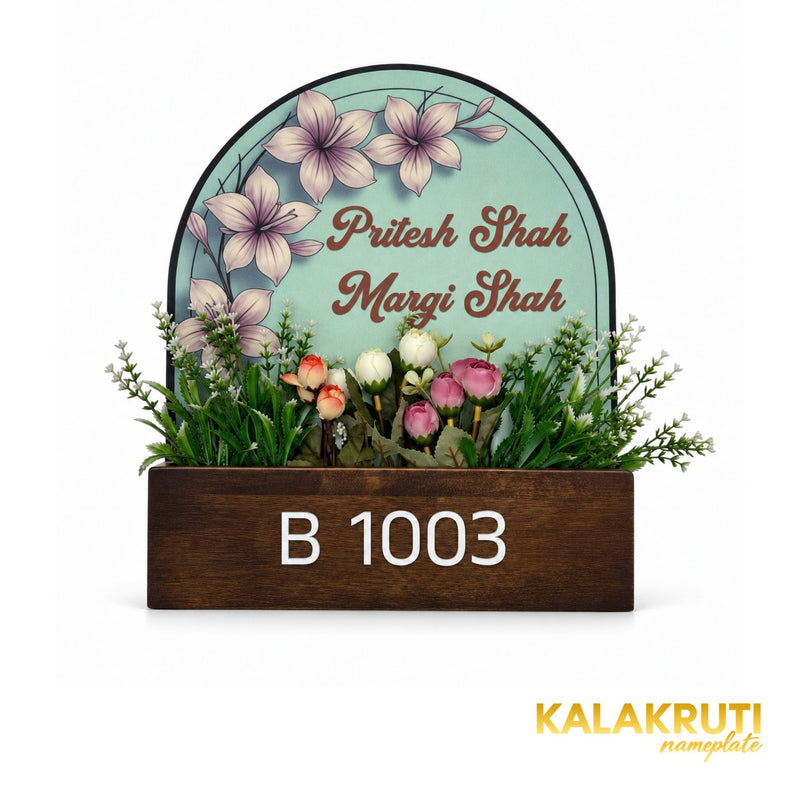 Mint Floral Wooden Planter Nameplate | Pritesh & Margi Shah — front (KKWN0042)
