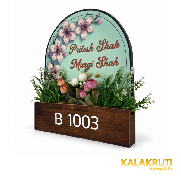 Mint Floral Wooden Planter Nameplate | Pritesh & Margi Shah — right (KKWN0042)