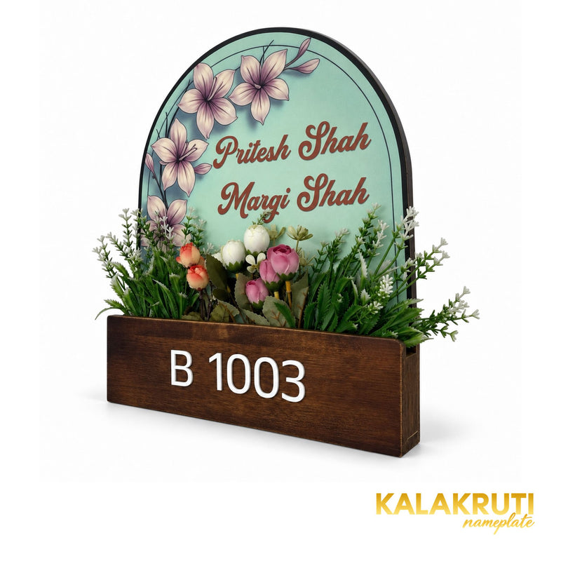 Mint Floral Wooden Planter Nameplate | Pritesh & Margi Shah — right (KKWN0042)