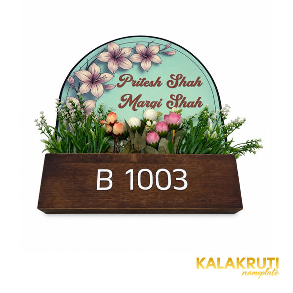 Mint Floral Wooden Planter Nameplate | Pritesh & Margi Shah — extra low (KKWN0042)