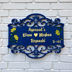 Navy Floral Wooden Nameplate | Agarwal Family D-103 — installed hero (KKWN0044)