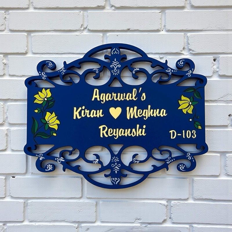 Navy Floral Wooden Nameplate | Agarwal Family D-103 — installed hero (KKWN0044)