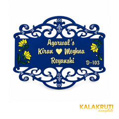 Navy Floral Wooden Nameplate | Agarwal Family D-103 — front (KKWN0044)