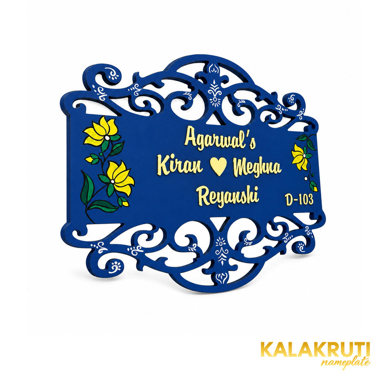 Navy Floral Wooden Nameplate | Agarwal Family D-103 — left (KKWN0044)