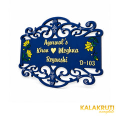 Navy Floral Wooden Nameplate | Agarwal Family D-103 — right (KKWN0044)