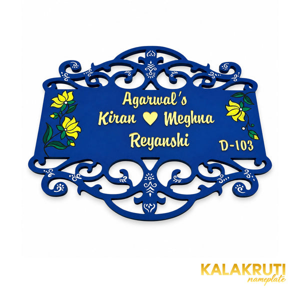Navy Floral Wooden Nameplate | Agarwal Family D-103 — extra low (KKWN0044)
