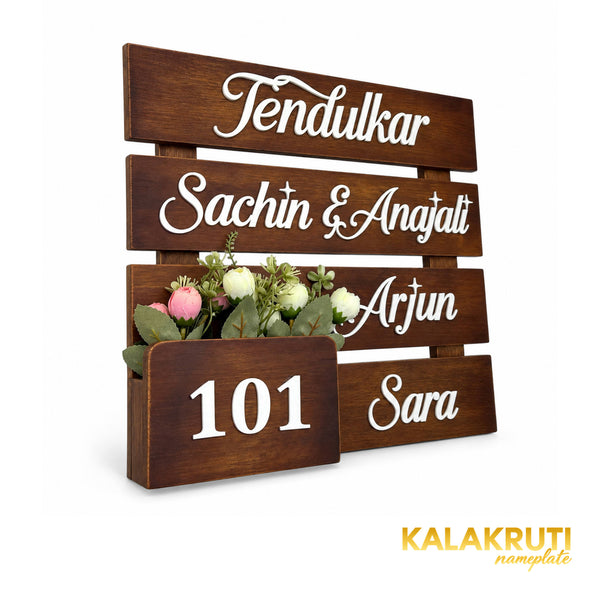 Four-Slat Wooden Planter Nameplate | Tendulkar Family 101 — left (KKWN013)