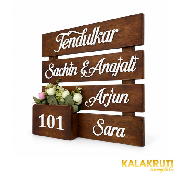 Four-Slat Wooden Planter Nameplate | Tendulkar Family 101 — right (KKWN013)